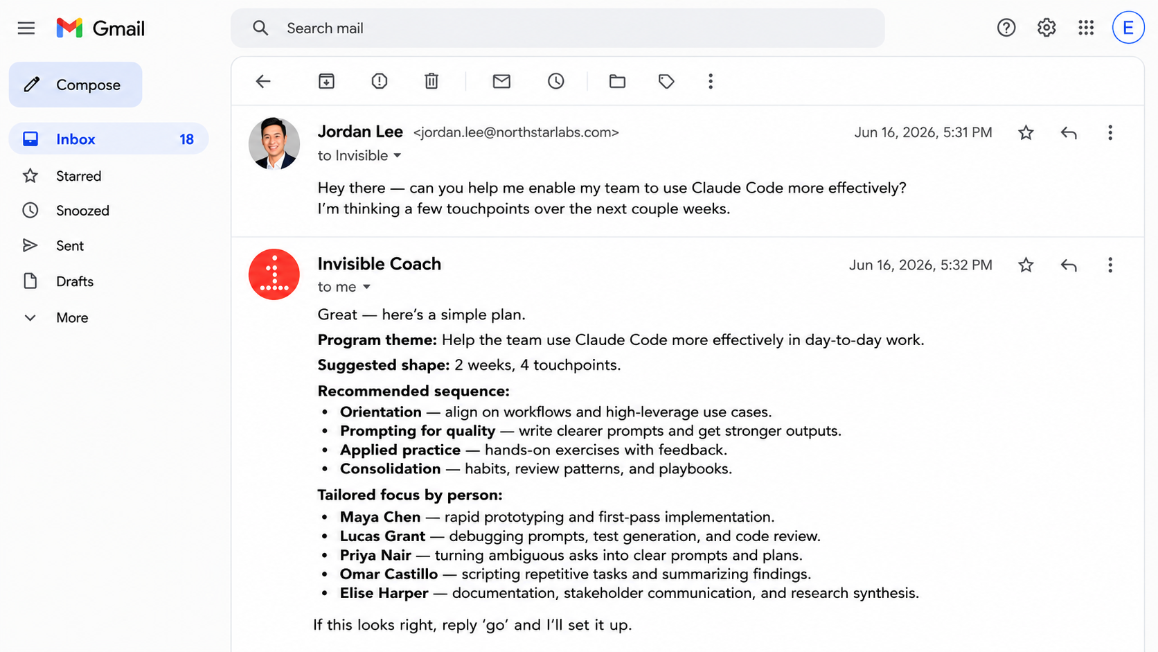 Invisible delivering a tailored enablement plan by email